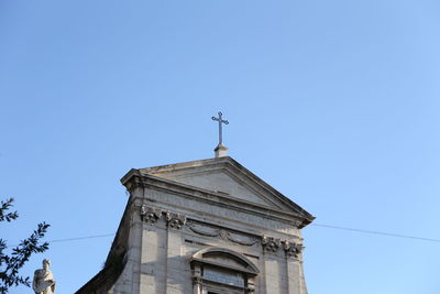 Low angle view of building against clear blue sky
