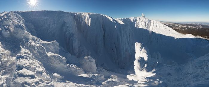 Panoramic view of snowcapped mountains against sky