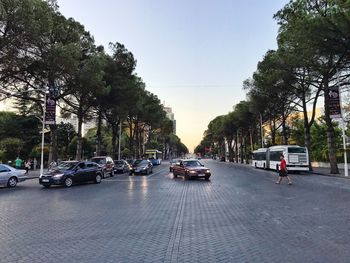 Cars on road against sky in city