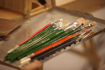 High angle view of colored pencils on table