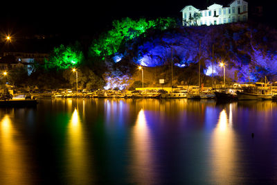 Illuminated trees by lake against sky in city at night