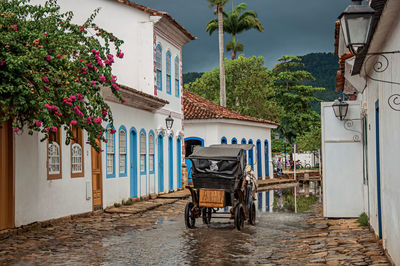 Carriage passing by water puddle in cobblestone alley, old houses in paraty, brazil