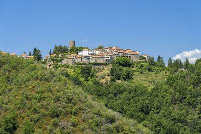 Buildings against clear blue sky