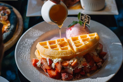 High angle view of dessert in plate on table