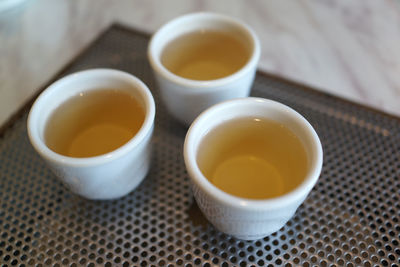 High angle view of tea served on table