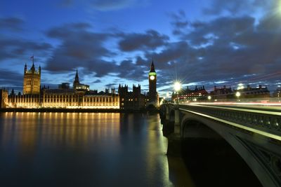 View of illuminated bridge over river at night