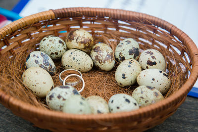 Close-up of the wedding rings in basket