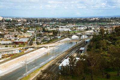 High angle view of cityscape against sky