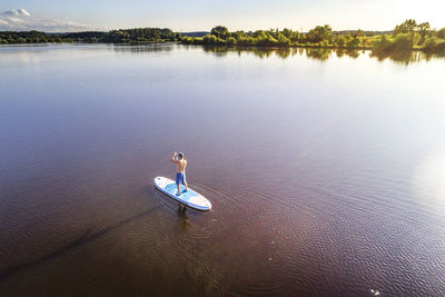 High angle view of man in lake