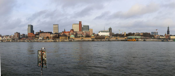 Scenic view of river by buildings against sky