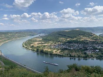 High angle view of river amidst landscape against sky