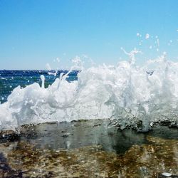 Close-up of splashing water against clear sky