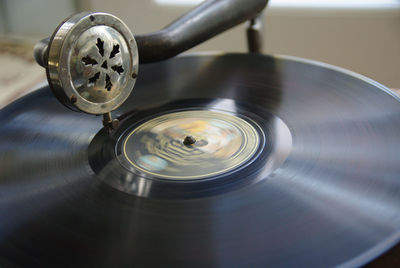 High angle view of record on turntable