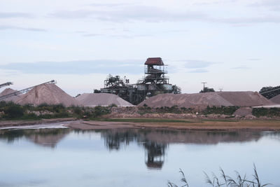 Built structure by lake against sky