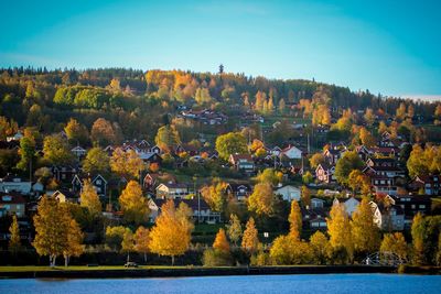 Scenic view of trees by buildings against sky during autumn