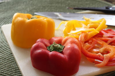 Close-up of chopped bell peppers on cutting board