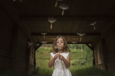 Girl blowing dandelion seeds while standing under shed