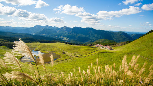 Scenic view of field and mountains against sky