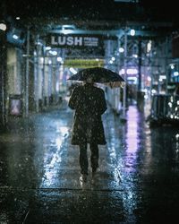 Rear view of person walking on wet street during rainy season