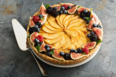 High angle view of dessert in plate on table