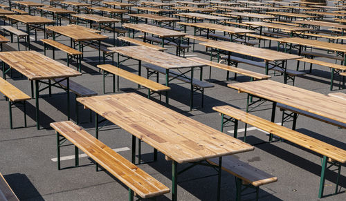 High angle view of empty chairs and tables