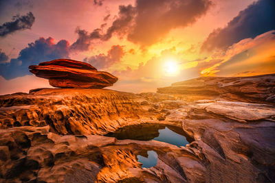 Rock formations against sky during sunset