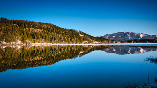 Scenic view of lake and mountains against blue sky