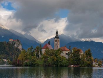 Scenic view of buildings and mountains against sky