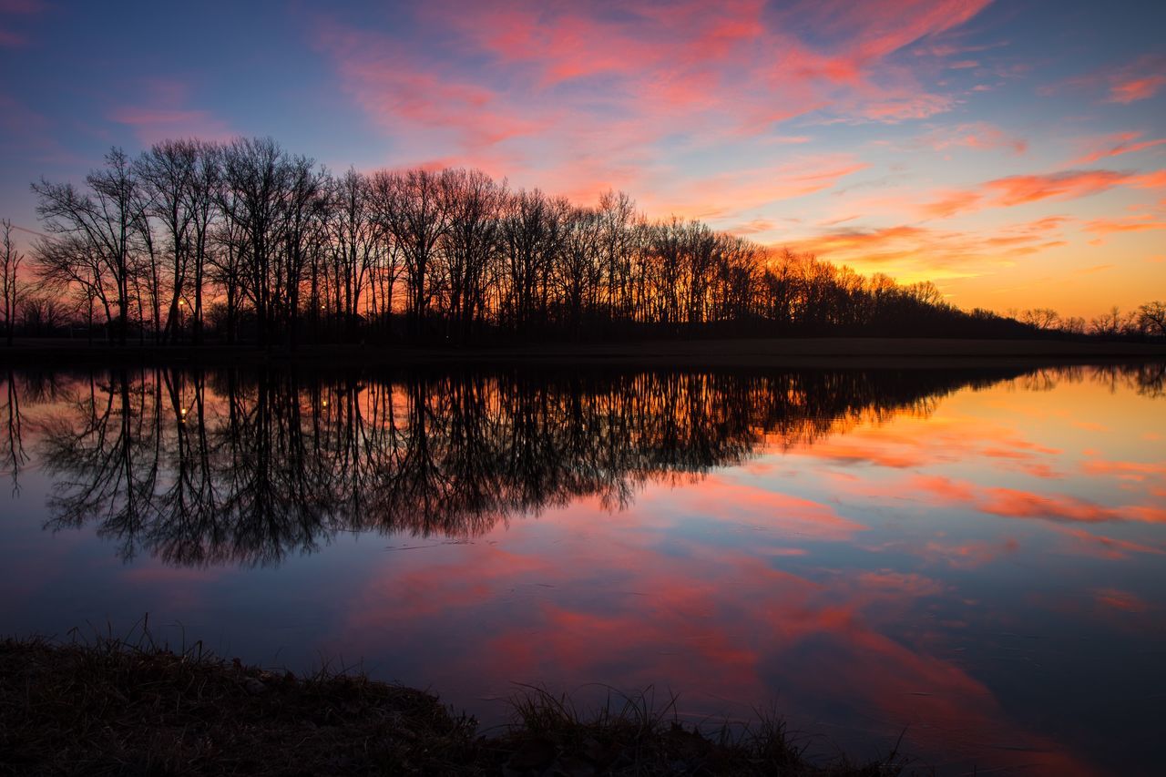 reflection, sunset, water, sky, nature, tree, lake, outdoors, beauty in nature, silhouette, scenics, idyllic, no people, cloud - sky, reflection lake, vacations