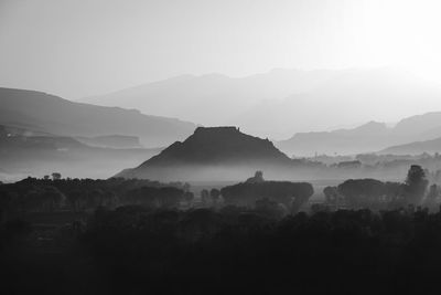 Scenic view of mountains against sky during sunset