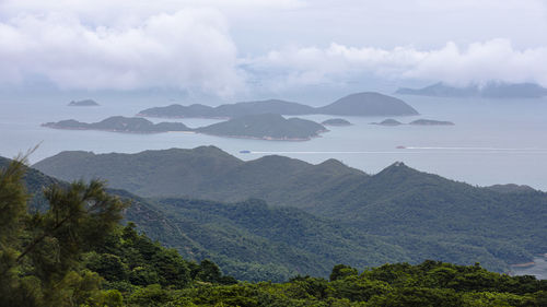 Scenic view of mountains and sea in the rain season hong kong 