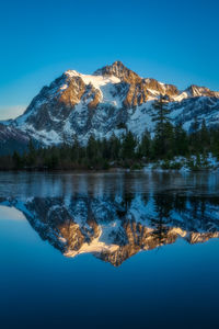 Scenic view of lake by mountains against clear blue sky