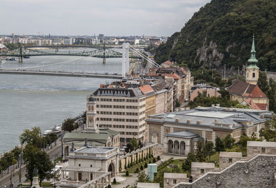 Panoramic view of gellert hill, river danube, liberty, and elizabeth bridge in budapest, hungary.