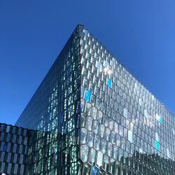 Low angle view of modern building against clear blue sky