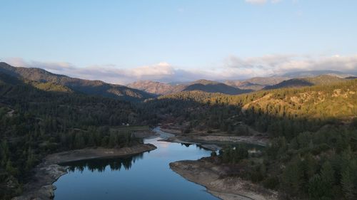 Scenic view of lake and mountains against sky