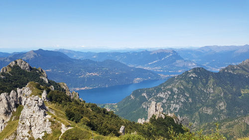 High angle view of mountains against clear sky