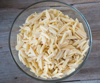 High angle view of pasta in bowl on table