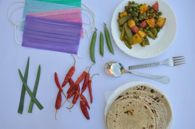 High angle view of breakfast served on table