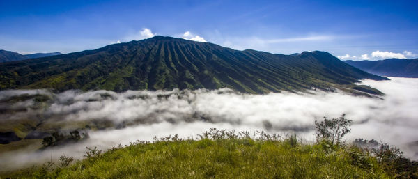 Mountain landscape background of after sunrise at bromo tengger semeru national park, indonesia