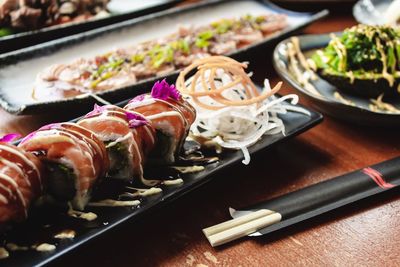 Close-up of sushi in plate on table