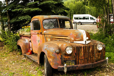 Old rusty car against trees