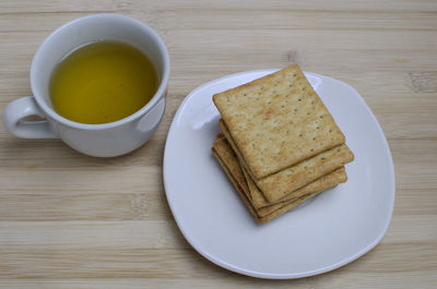 High angle view of breakfast served on table