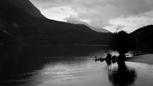 Silhouette people on lake against sky