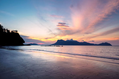 Scenic view of beach against sky during sunset