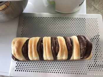 High angle view of bread in container on table