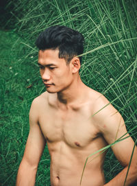 Portrait of shirtless young man standing on field