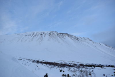 Scenic view of snow covered mountains against sky