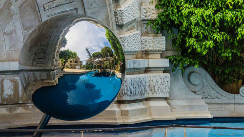 Reflection of building in swimming pool