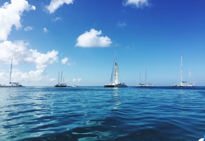 Sailboats sailing in sea against sky