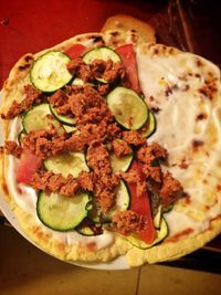 High angle view of food in plate on table
